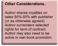 Other Considerations..

Author shares royalties on sales 50%-50% with publisher (or as otherwise agreed)
Author surrenders selected rights for term of contract
Author may also need to be active in own book promotion
